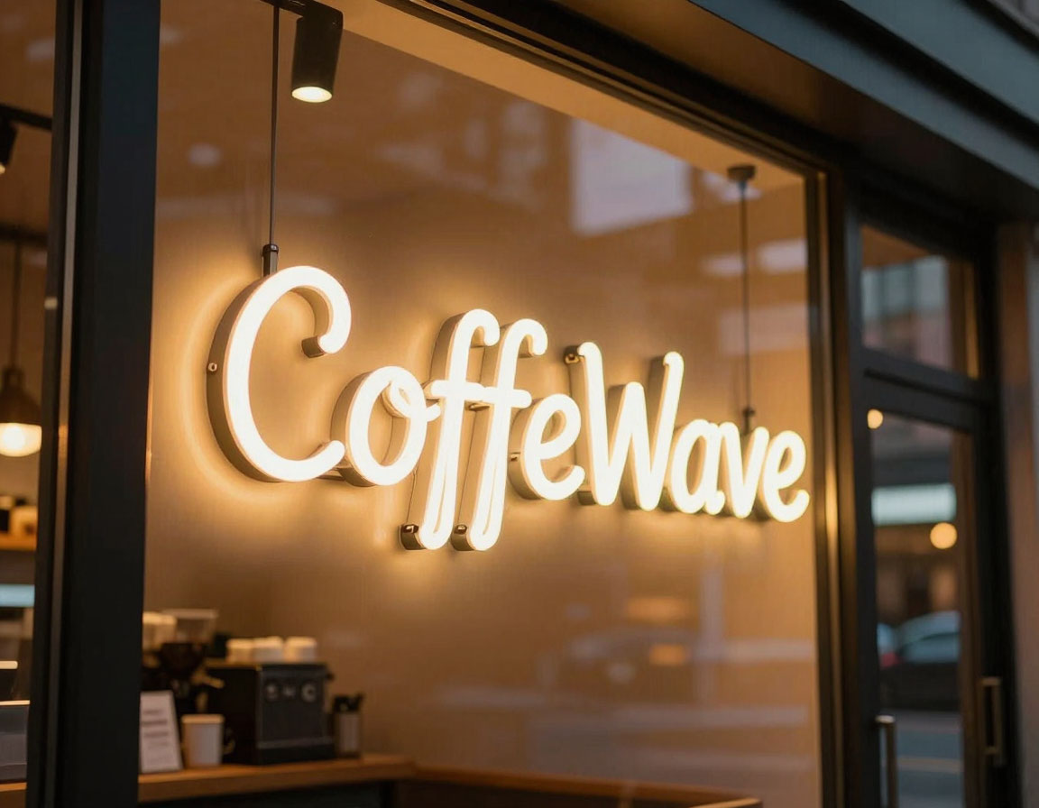 CoffeeWave facade neon signage installation view 1