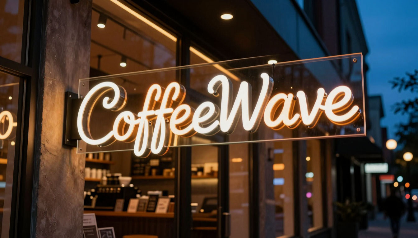 CoffeeWave facade neon signage installation view 2