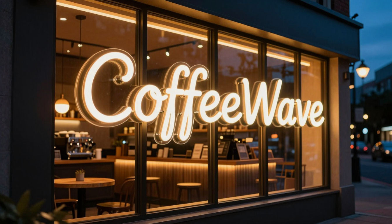 CoffeeWave facade neon signage installation view 3