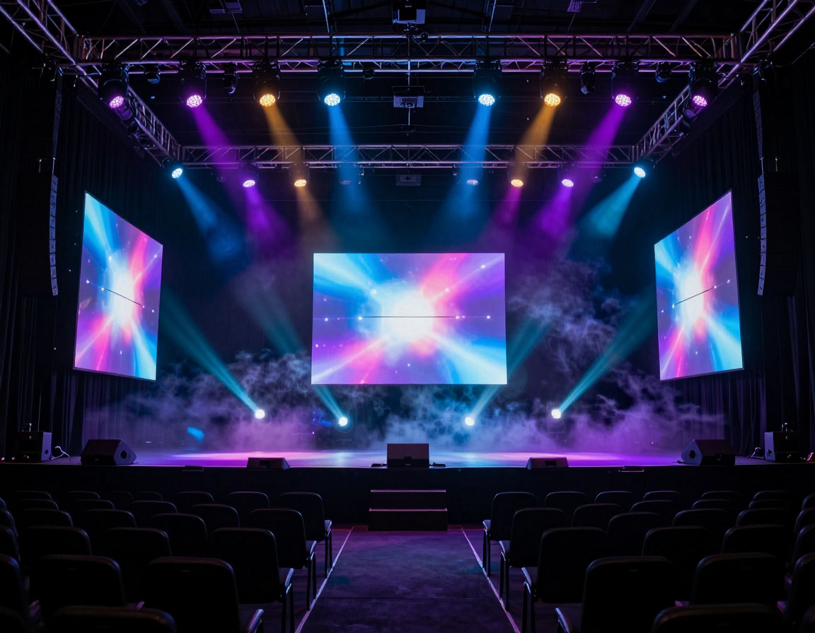 Alternate angle showing depth of stage backdrop and cable management
