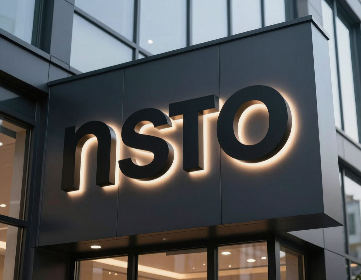 Office building facade with illuminated logo panel